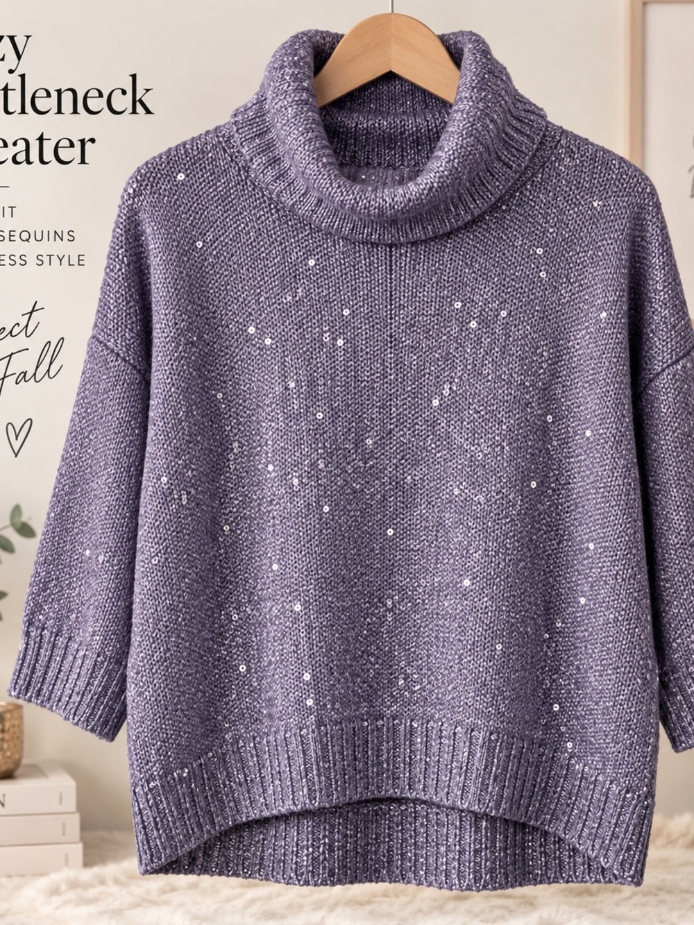 Purple Sequin Knit Turtleneck Sweater Oversized Relaxed Fi